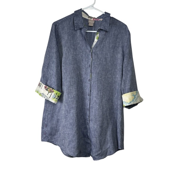 Chico's Tops - Chicos Blue Linen No Iron Button Down Shirt 3/4 Sleeve Size 2 12/14